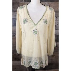 Boho Sheer Beaded Kimono Tunic Duster Top Mandala Embroidered Beach Coverup S